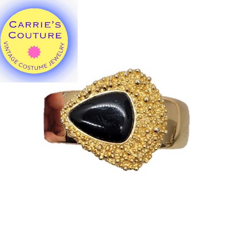 Vintage Signed Napier Modernist Goldtone Black Resin Cuff Bracelet 1973 Ad Piece